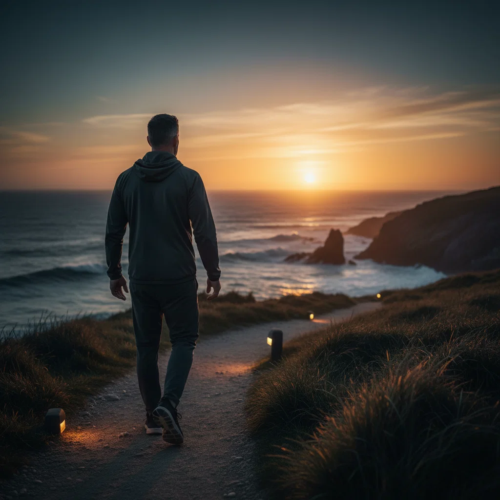 Anonymous man walking coastal path at sunrise - active lifestyle for pelvic wellbeing men over 50
